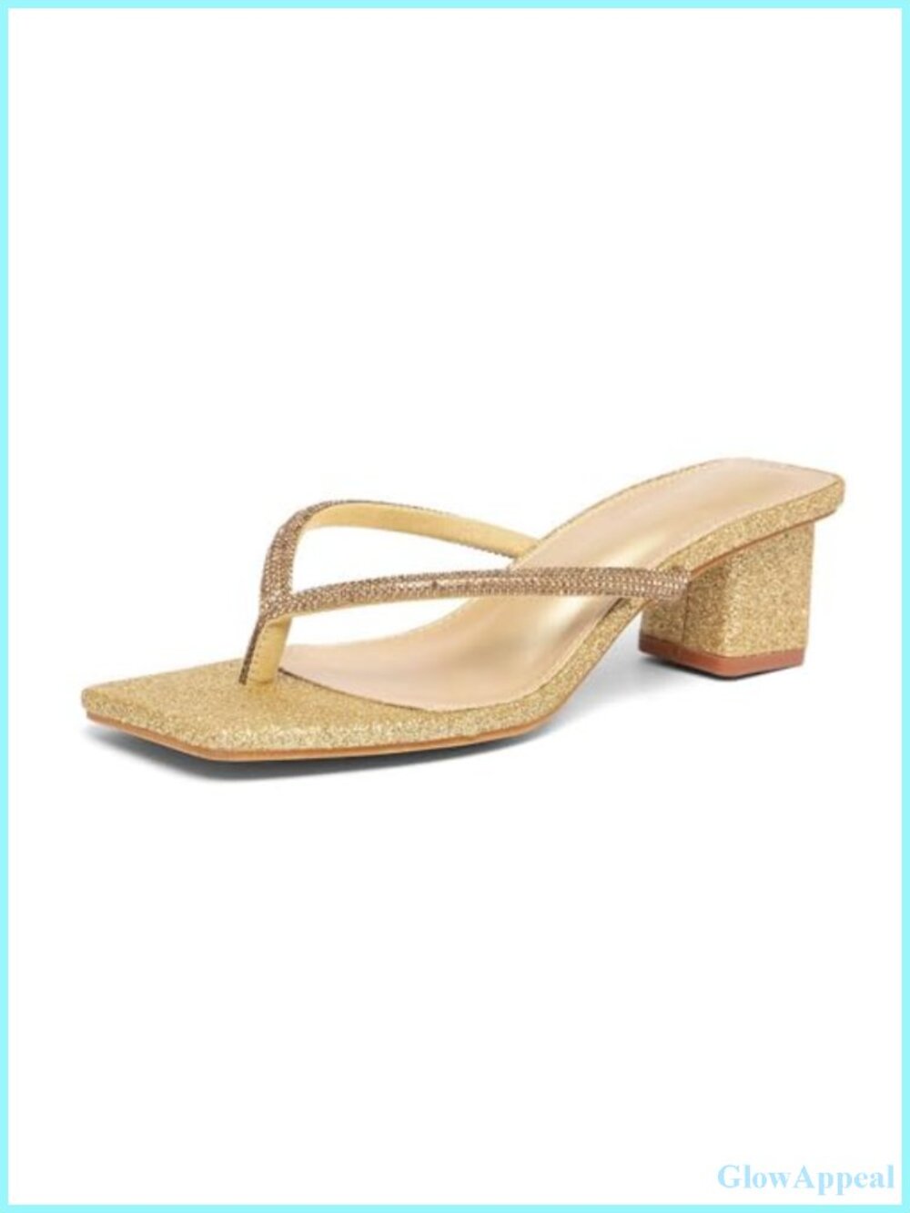 Rhinestone Square Toe Low Block Heel Thong Sandals Slip On Party Heels